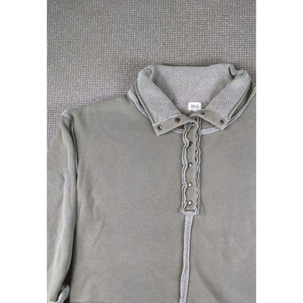 BKE Women's Washed Olive Green SemiCrop Fleece Lined Mock Neck 1/4 Pullover Sz M